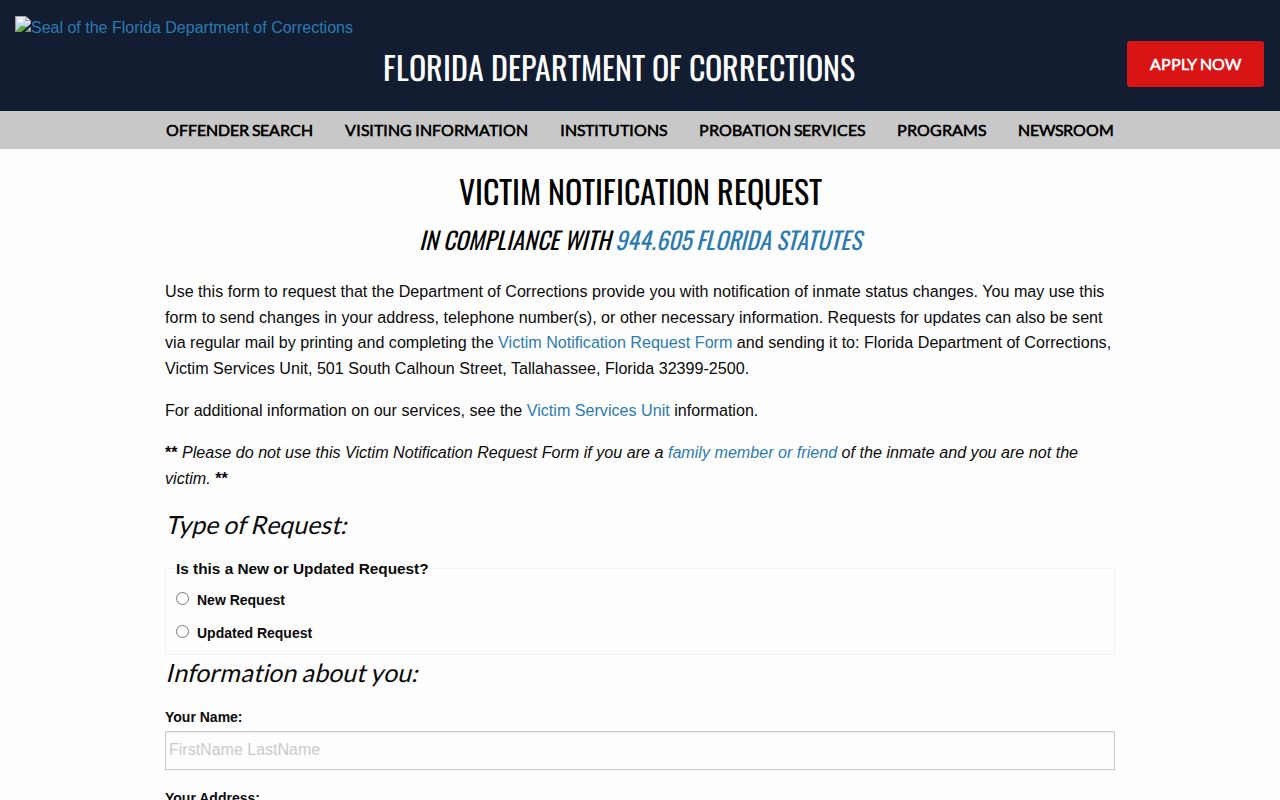 Florida FDC notification form supporting Alachua County VINELink release alerts
