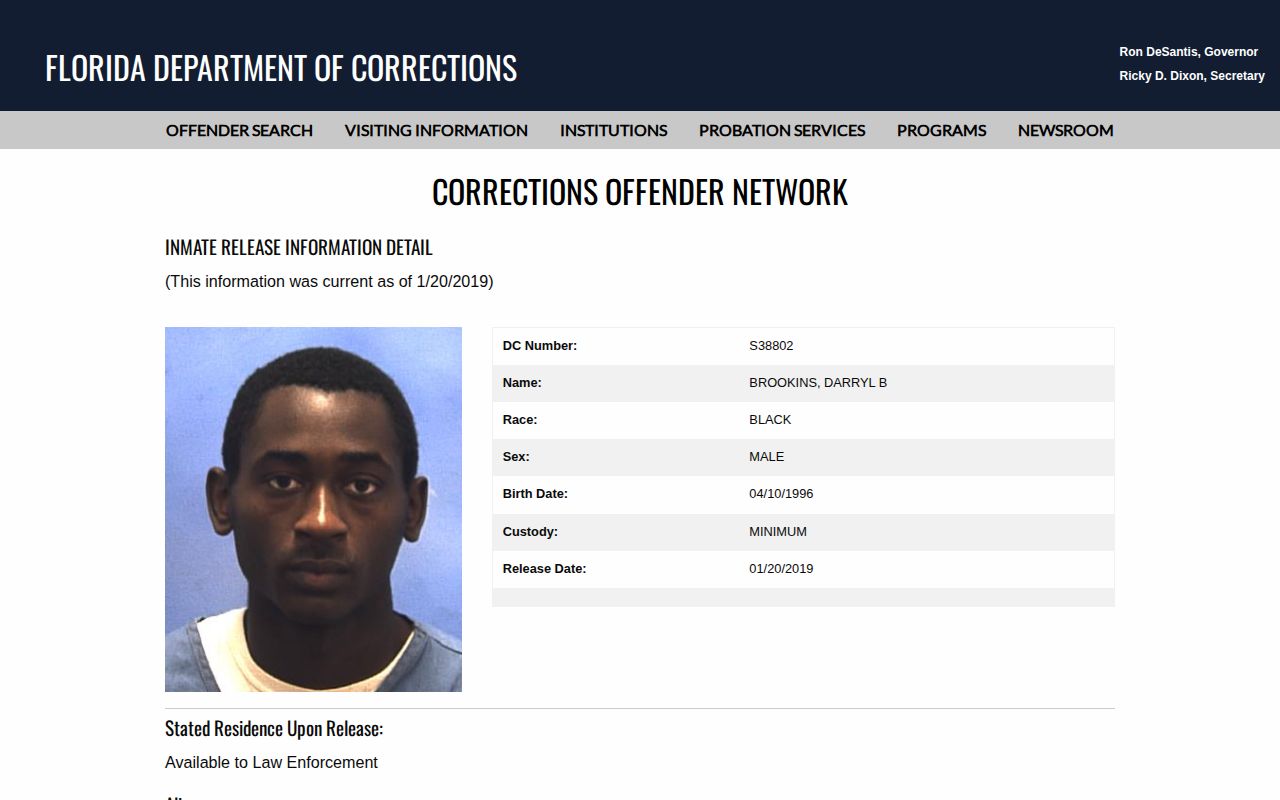 FDC photo and release history for an Alachua County released inmate search