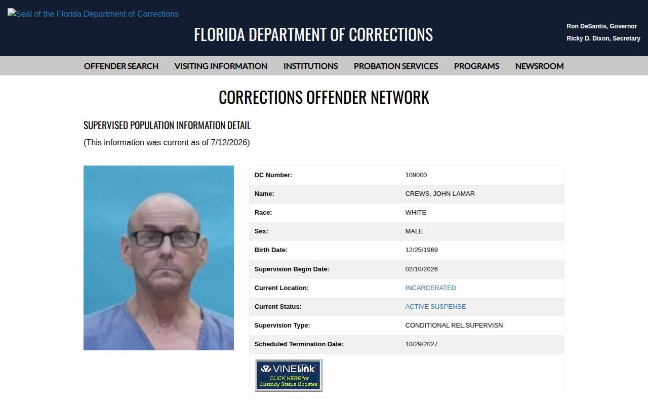 Alachua County parole and probation FDC supervision record
