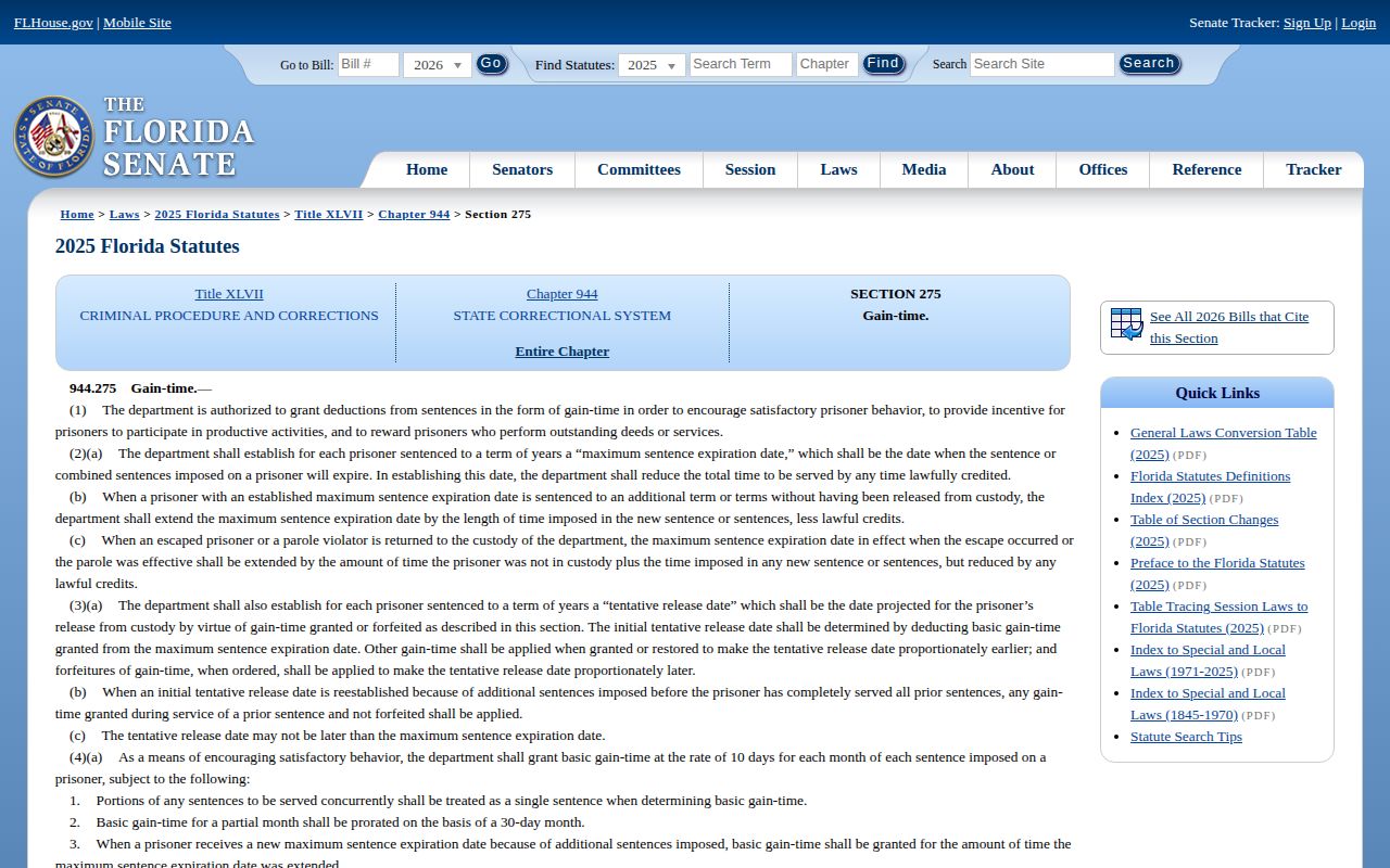 Florida statute governing Alachua County projected state release dates