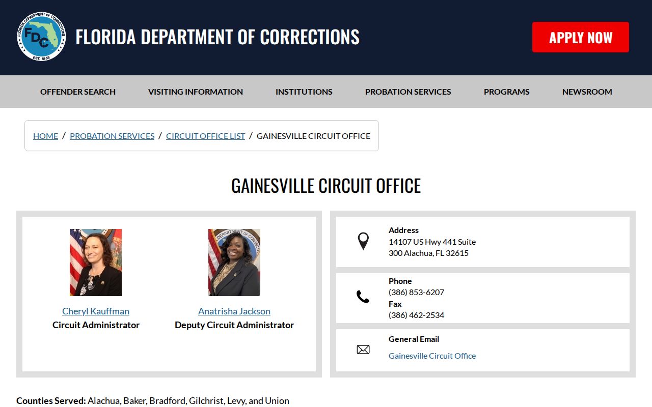 Alachua County probation and parole Gainesville Circuit office details